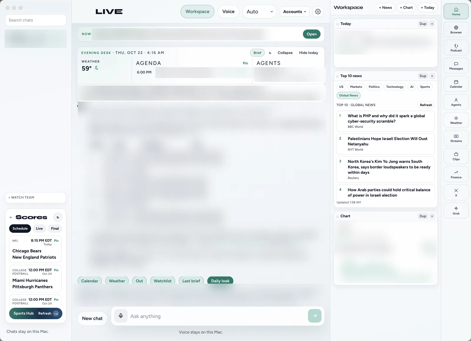 LIVE on Mac: the Home screen with Now bar, evening desk, chat, Workspace cards and panel rail. Personal content is blurred.