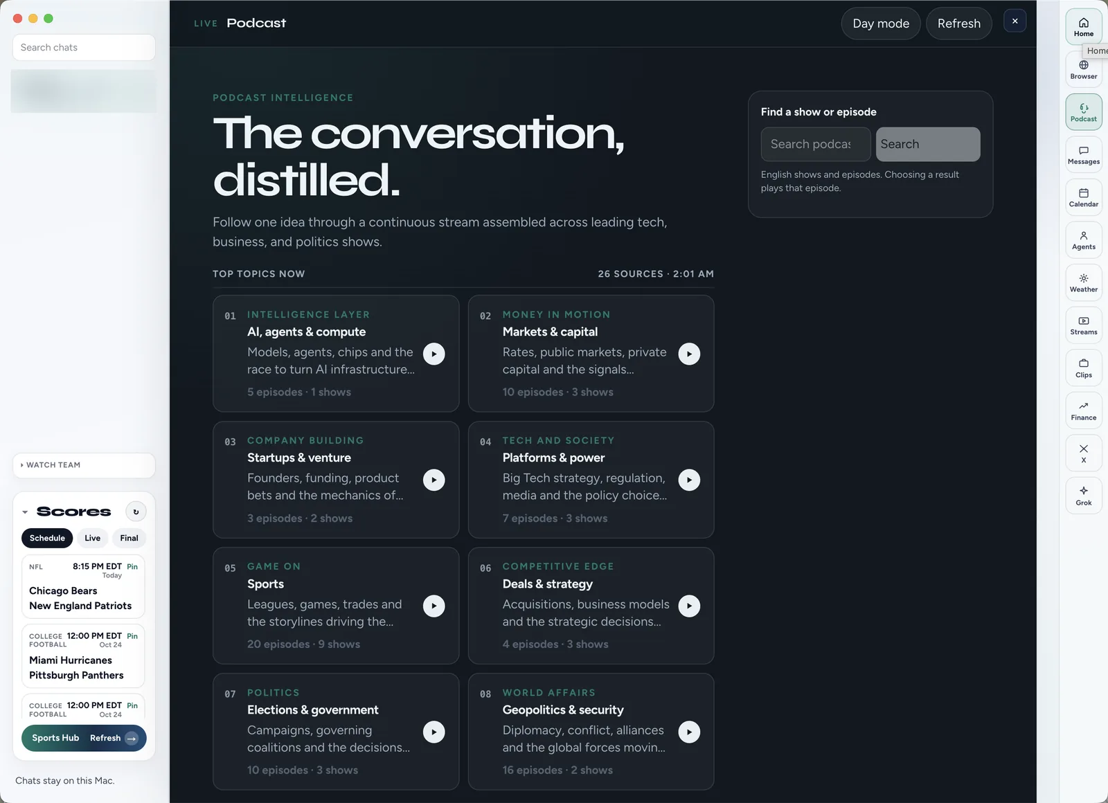 LIVE Podcast panel: top topics across leading shows, with search. Personal chats are blurred.