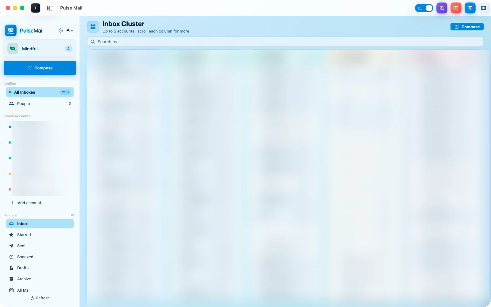 Pulse Mail Inbox Cluster view. Personal content is blurred.